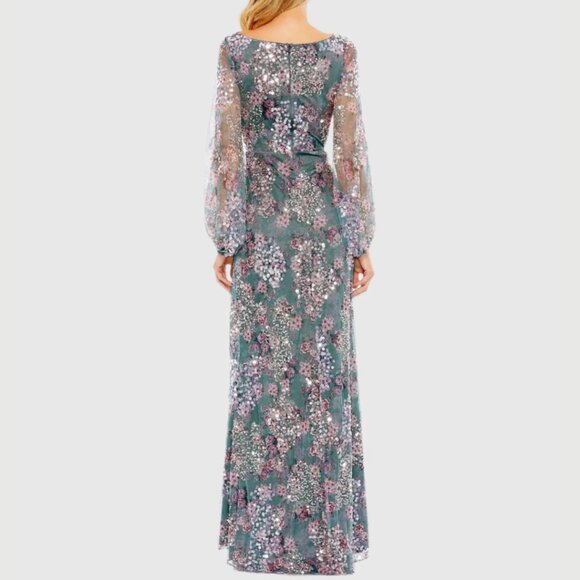 Mac Duggal 93750 Size 16‎ Blue Gray Pink Floral Long Sleeve Gown Maxi Dress - Picture 4 of 4